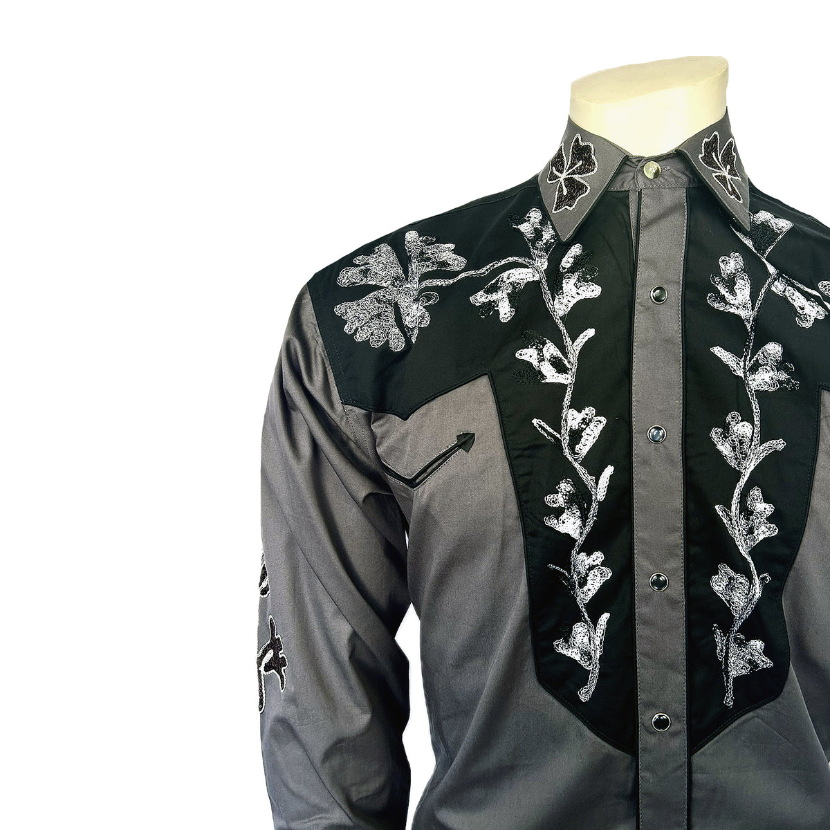 Men's Floral 2-Tone Black and Grey Embroidered Western Shirt by Rockmount Ranch Wear with floral embroidered details