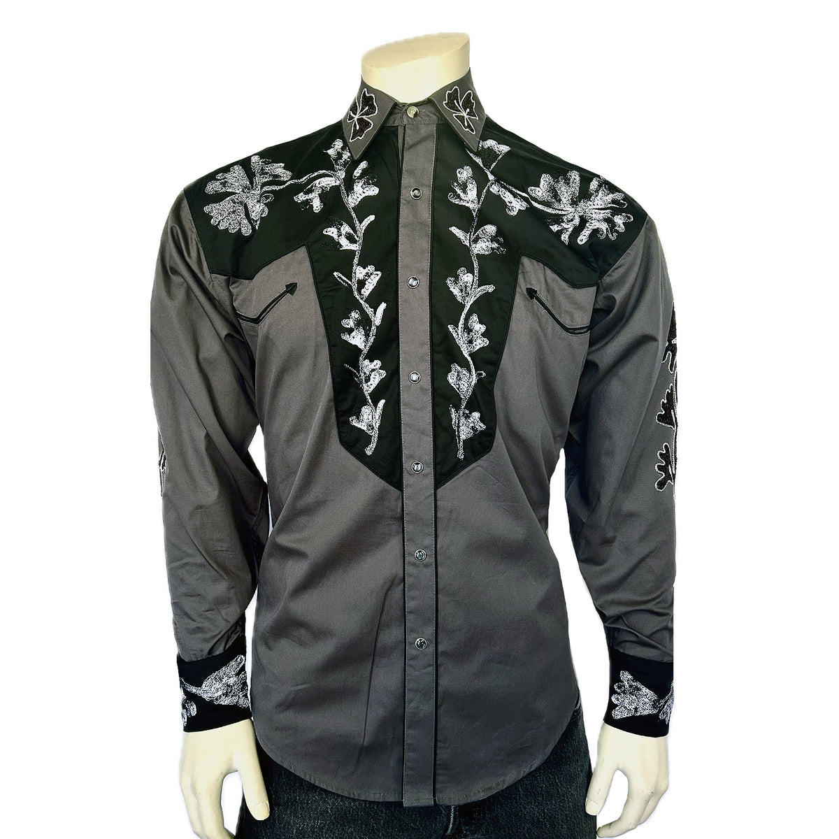 Men's Floral 2-Tone Black and Grey Embroidered Western Shirt by Rockmount Ranch Wear with hand chenille embroidery