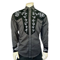Men's Floral 2-Tone Black and Grey Embroidered Western Shirt by Rockmount Ranch Wear with hand chenille embroidery