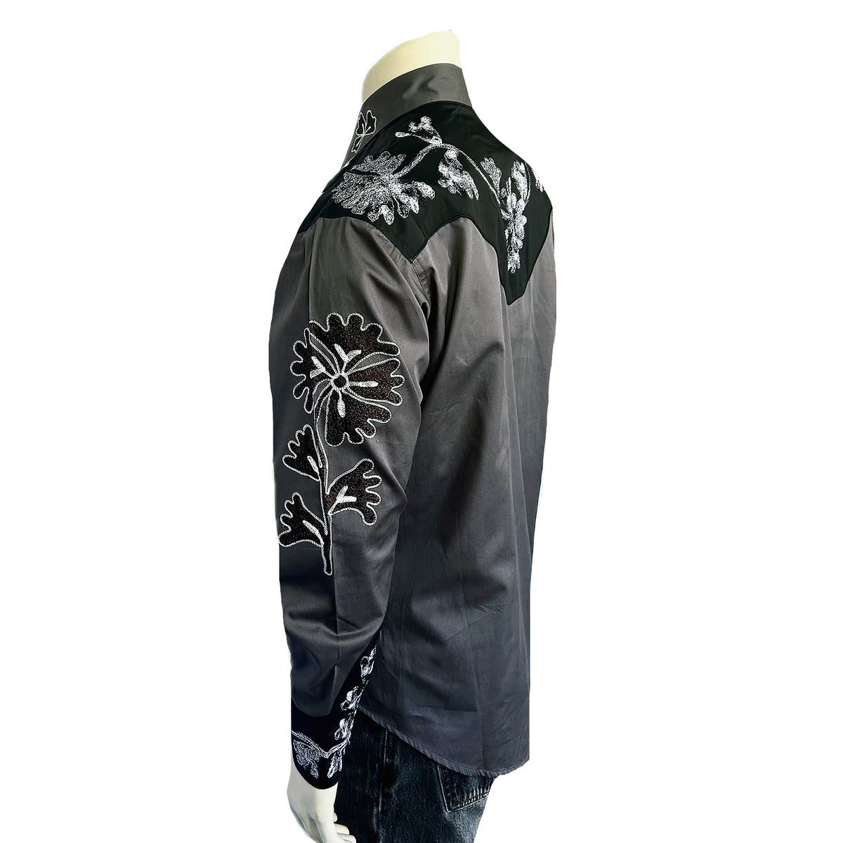 Men's Floral 2-Tone Black and Grey Embroidered Western Shirt by Rockmount Ranch Wear with floral embroidered western wear