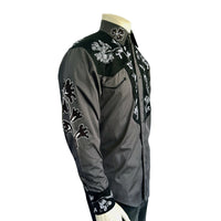 Men's Floral 2-Tone Black and Grey Embroidered Western Shirt by Rockmount Ranch Wear with floral vintage embroidery