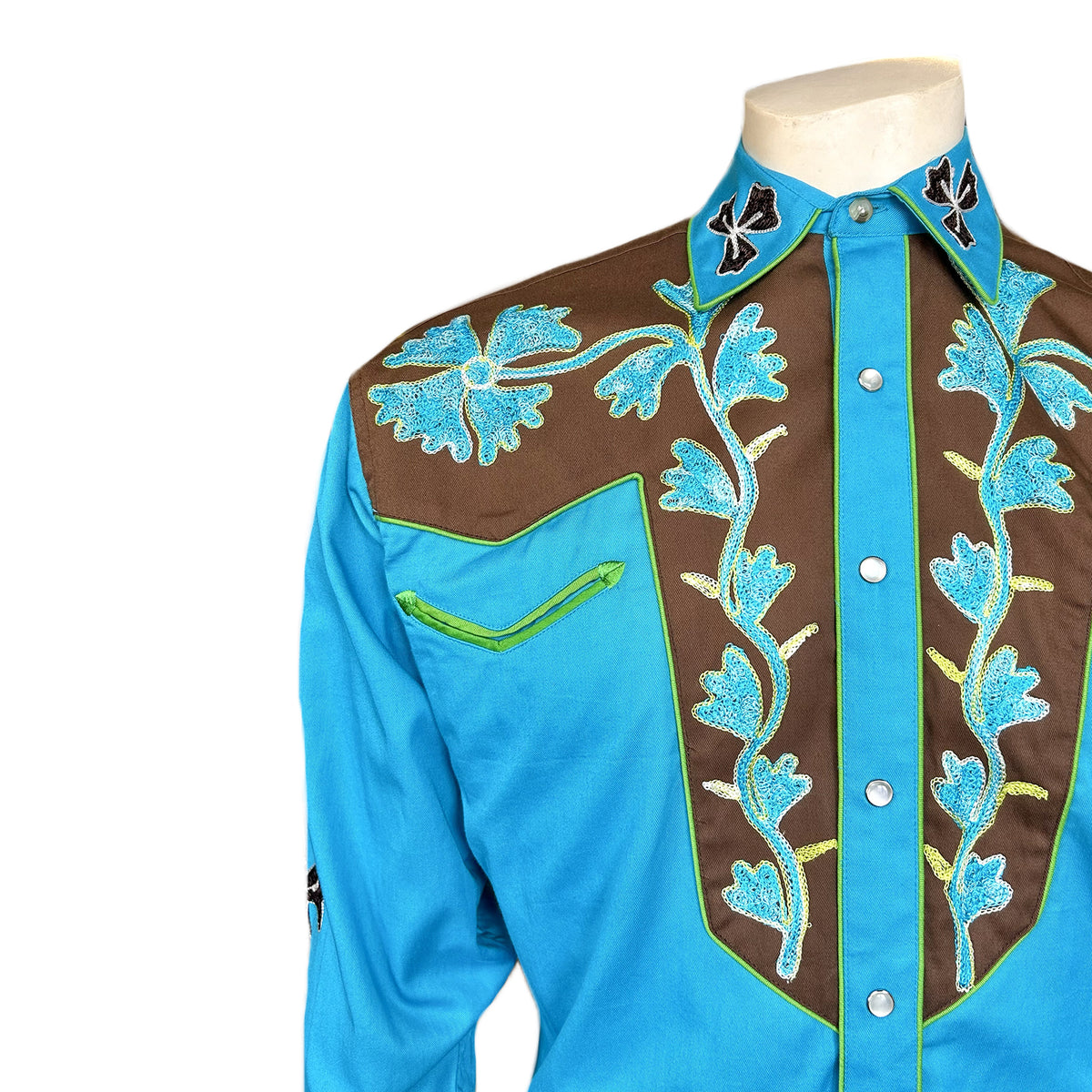 Men's Floral 2-Tone Brown & Turquoise Embroidered Western Shirt - Rockmount