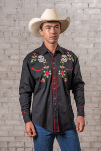 Men's Skulls and Roses Vintage Embroidered Western Shirt by Rockmount Ranch Wear, black embroidered floral fringe