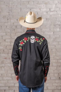 Men's Skulls and Roses Vintage Embroidered Western Shirt by Rockmount Ranch Wear with floral fringe