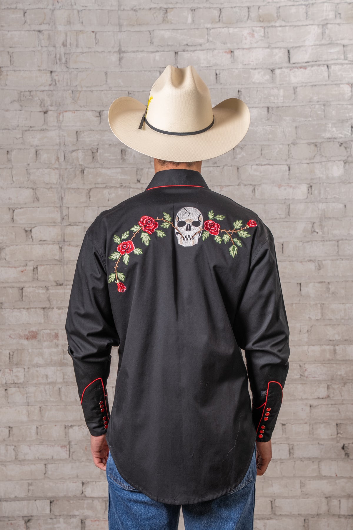 Men's Skulls and Roses Vintage Embroidered Western Shirt by Rockmount Ranch Wear with floral fringe