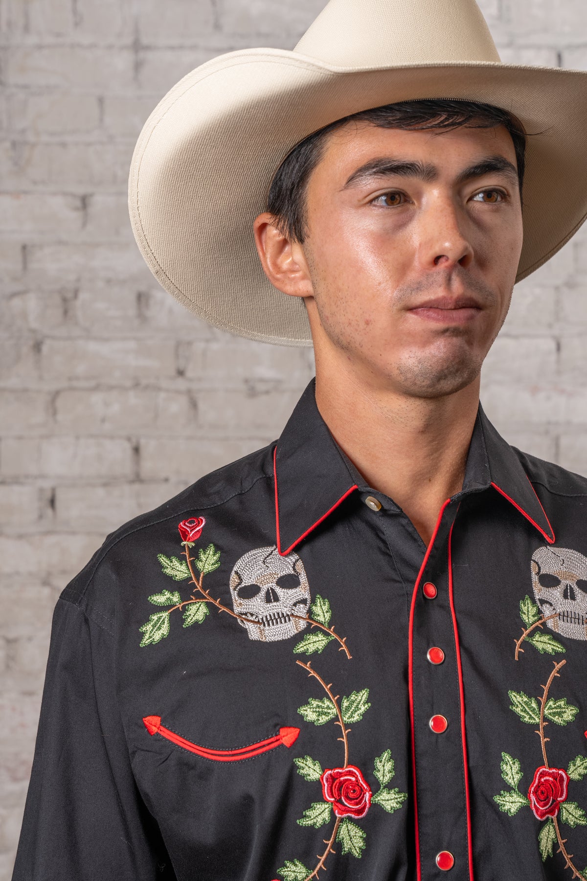 Men's Skulls and Roses Vintage Embroidered Western Shirt by Rockmount Ranch Wear, floral skull embroidery