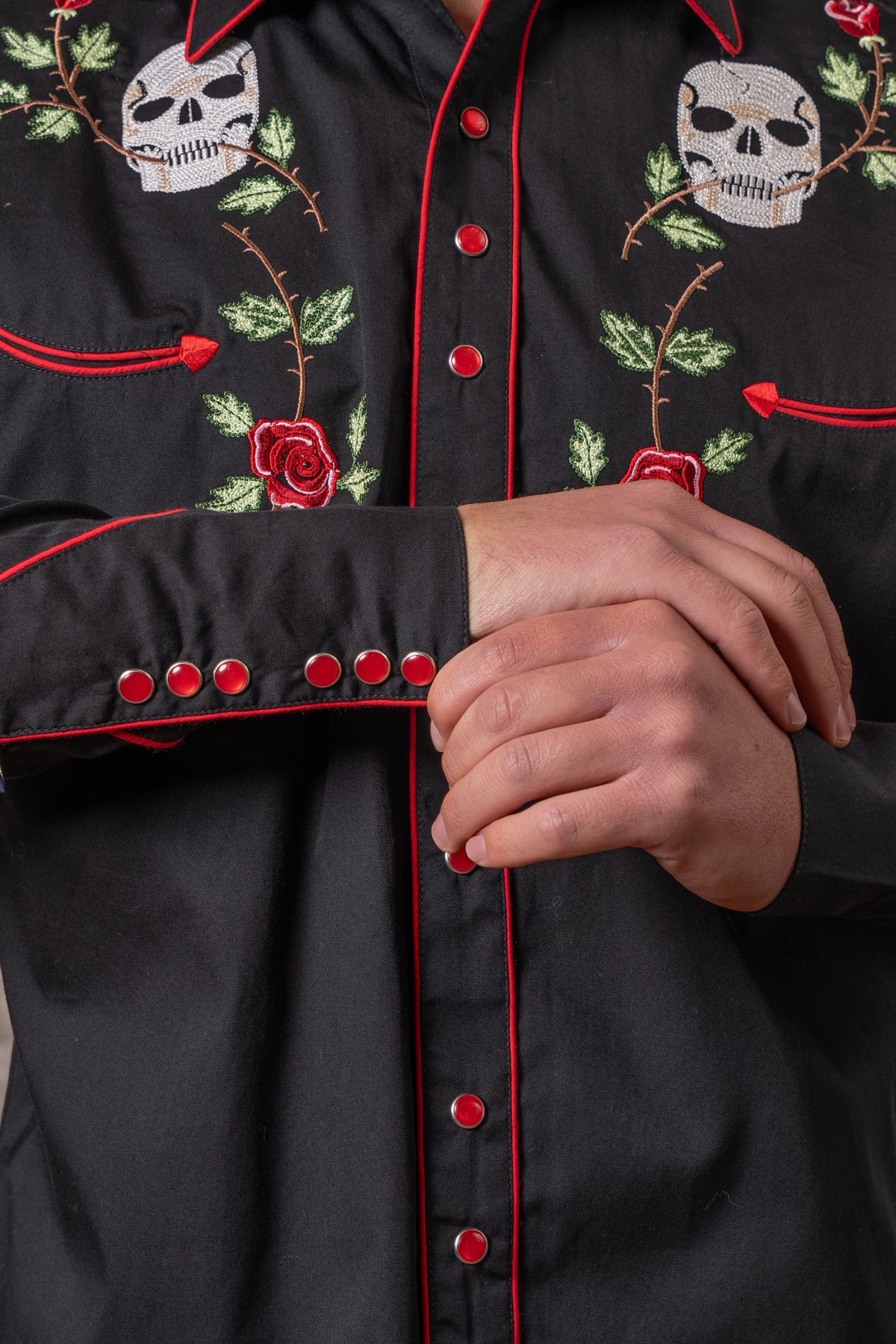 Men's Skulls and Roses Vintage Embroidered Western Shirt by Rockmount Ranch Wear in vintage black with floral fringe