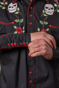 Men's Skulls and Roses Vintage Embroidered Western Shirt by Rockmount Ranch Wear in vintage black with floral fringe