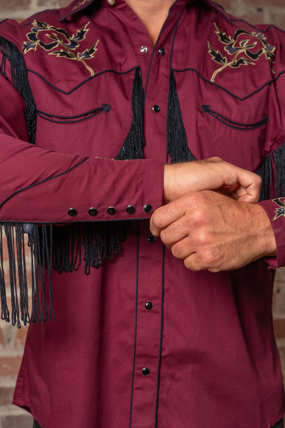 Men's Vintage Burgundy Fringe Embroidered Western Shirt by Rockmount Ranch Wear with embroidered western shirt snaps