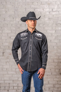 Men's Vintage Black American Bison Embroidered Western Shirt by Rockmount Ranch Wear with embroidered western shirt design