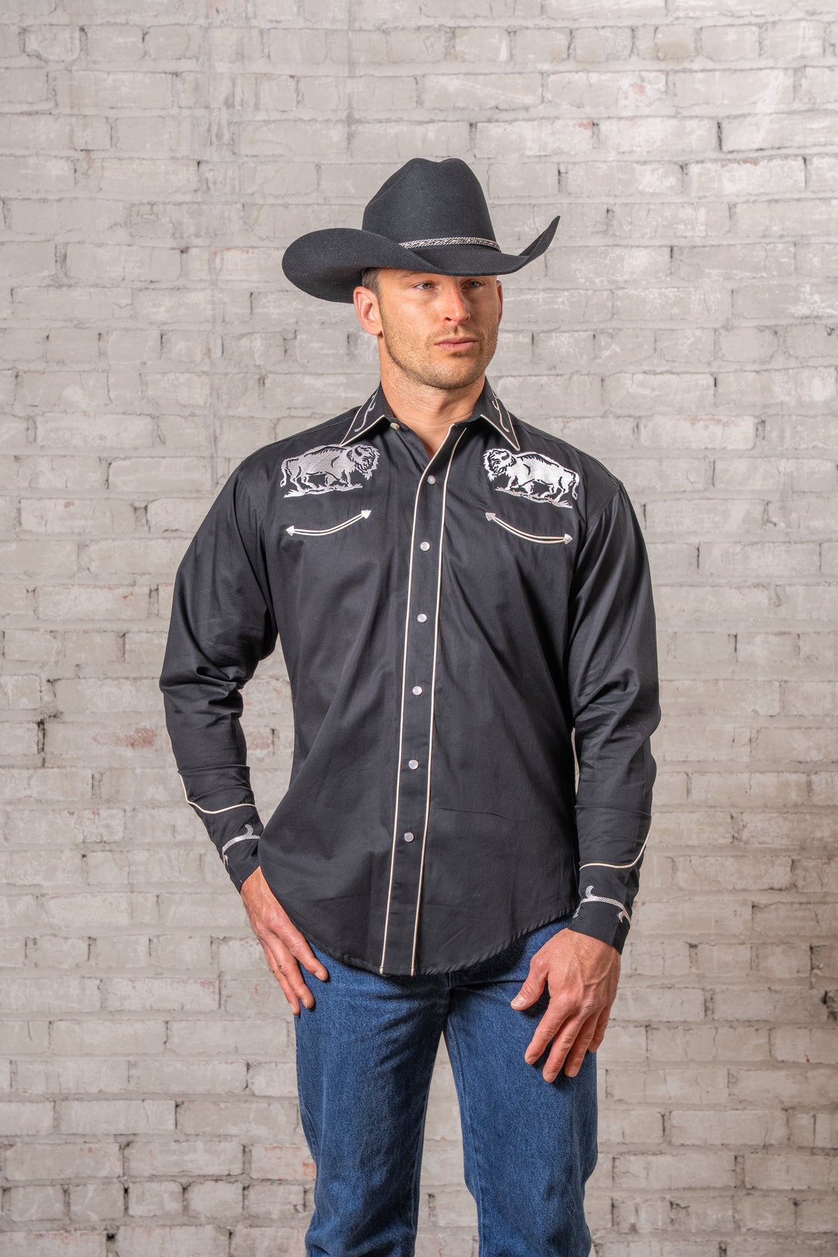 Men's Vintage Black American Bison Embroidered Western Shirt by Rockmount Ranch Wear with embroidered western shirt design