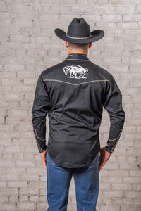 Men's Vintage Black American Bison Embroidered Western Shirt by Rockmount Ranch Wear, embroidered back design