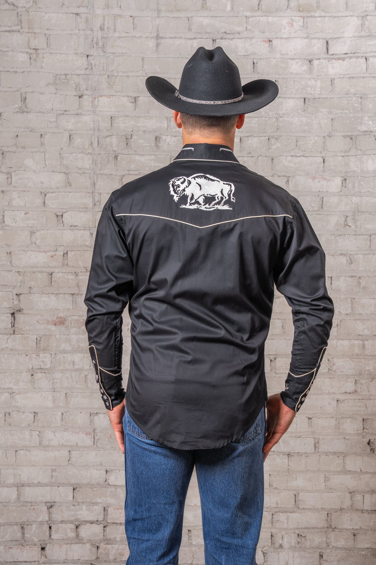 Men's Vintage Black American Bison Embroidered Western Shirt by Rockmount Ranch Wear, embroidered back design
