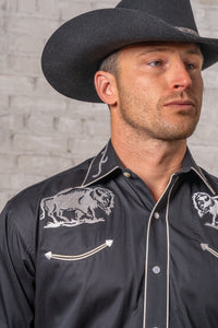 Men's Vintage Black American Bison Embroidered Western Shirt by Rockmount Ranch Wear with embroidered front and back design