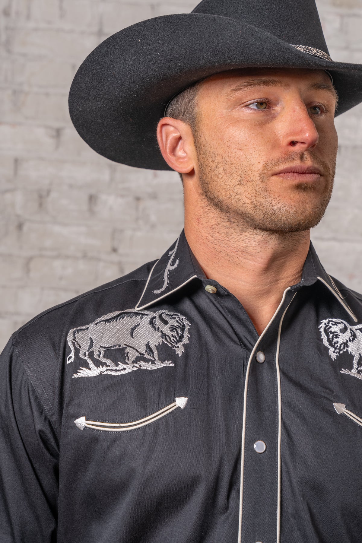 Men's Vintage Black American Bison Embroidered Western Shirt by Rockmount Ranch Wear with embroidered front and back design