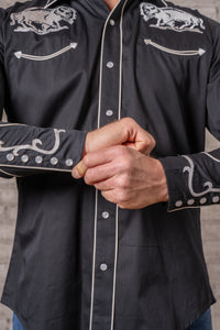 Men's Vintage Black American Bison Embroidered Western Shirt by Rockmount Ranch Wear with snap button cuffs