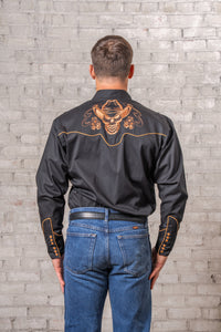 Men's Black Dead Cowboy Guns Blazing Embroidered Western Shirt by Rockmount Ranch Wear with orange vintage embroidery