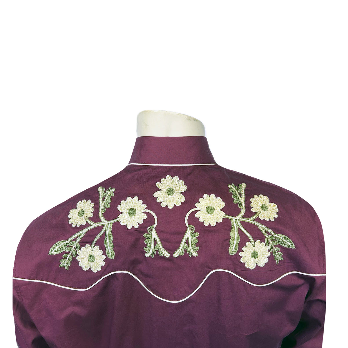 Men's Vintage Burgundy Floral Embroidered Western Shirt by Rockmount Ranch Wear with handcrafted crochet-texture embroidery