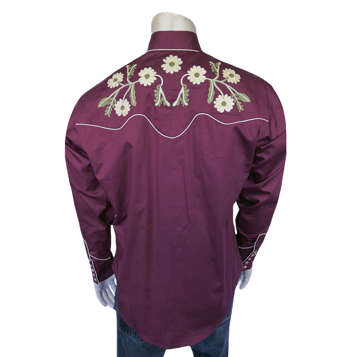 Men's vintage burgundy floral embroidered western shirt by Rockmount Ranch Wear with handcrafted crochet texture
