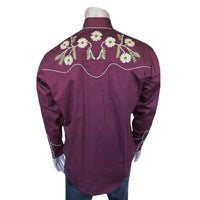 Men's vintage burgundy floral embroidered western shirt by Rockmount Ranch Wear with handcrafted crochet texture