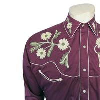 Men's Vintage Burgundy Floral Embroidered Western Shirt by Rockmount Ranch Wear with floral western shirt snaps
