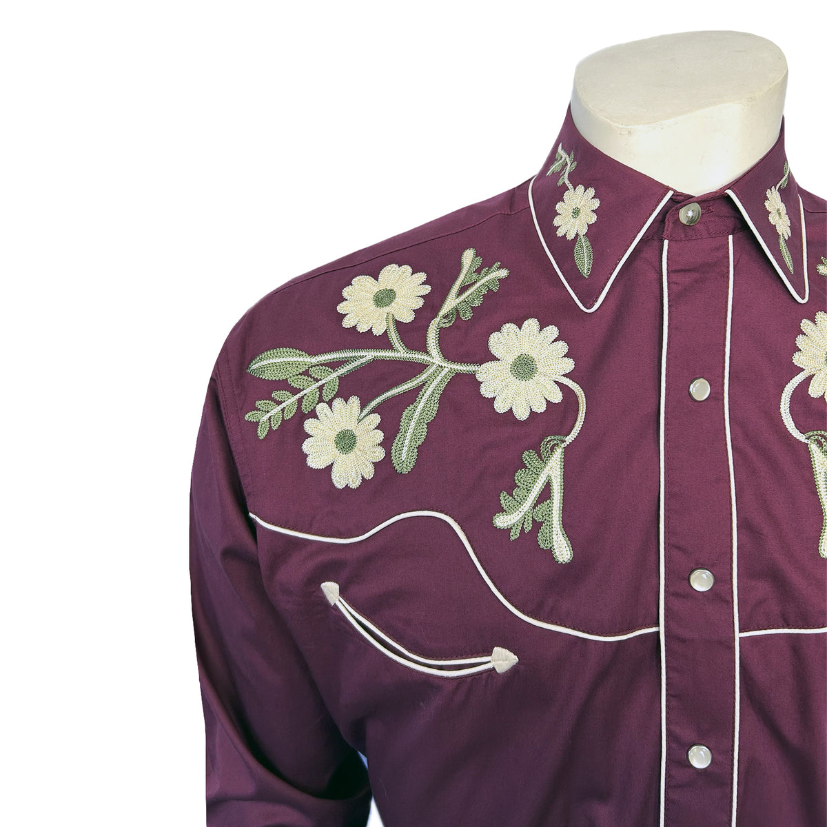 Men's Vintage Burgundy Floral Embroidered Western Shirt by Rockmount Ranch Wear with floral western shirt snaps