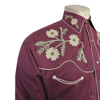 Men's vintage burgundy floral embroidered western shirt by Rockmount Ranch Wear with handcrafted crochet-texture embroidery