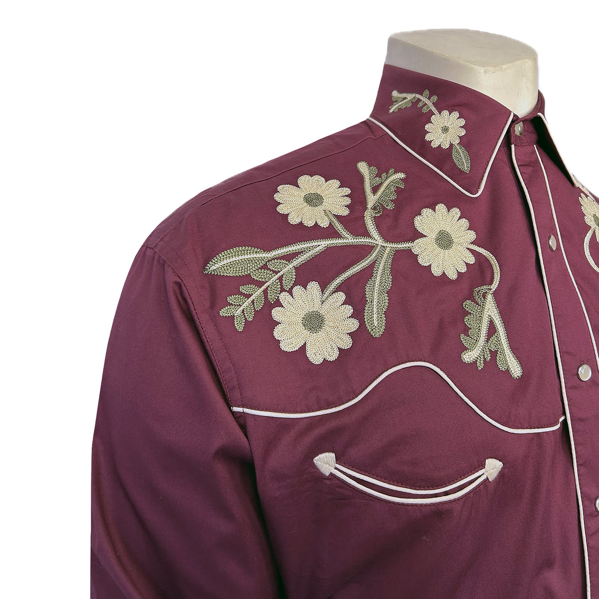 Men's vintage burgundy floral embroidered western shirt by Rockmount Ranch Wear with handcrafted crochet-texture embroidery