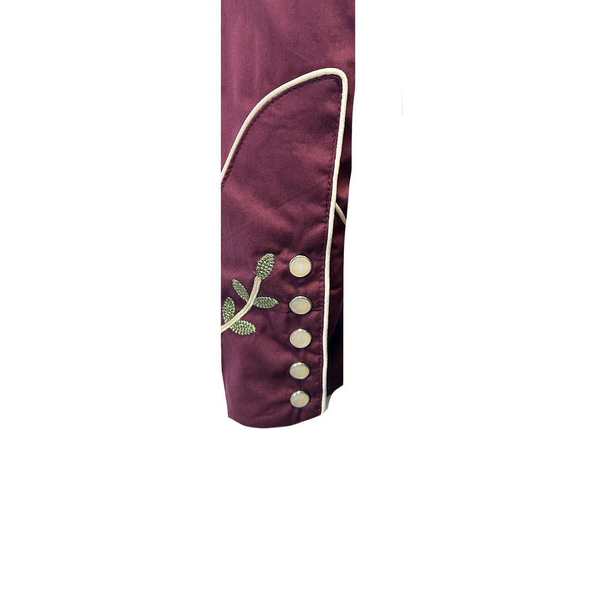 Men's Vintage Burgundy Floral Embroidered Western Shirt by Rockmount Ranch Wear with fringe and cactus snap