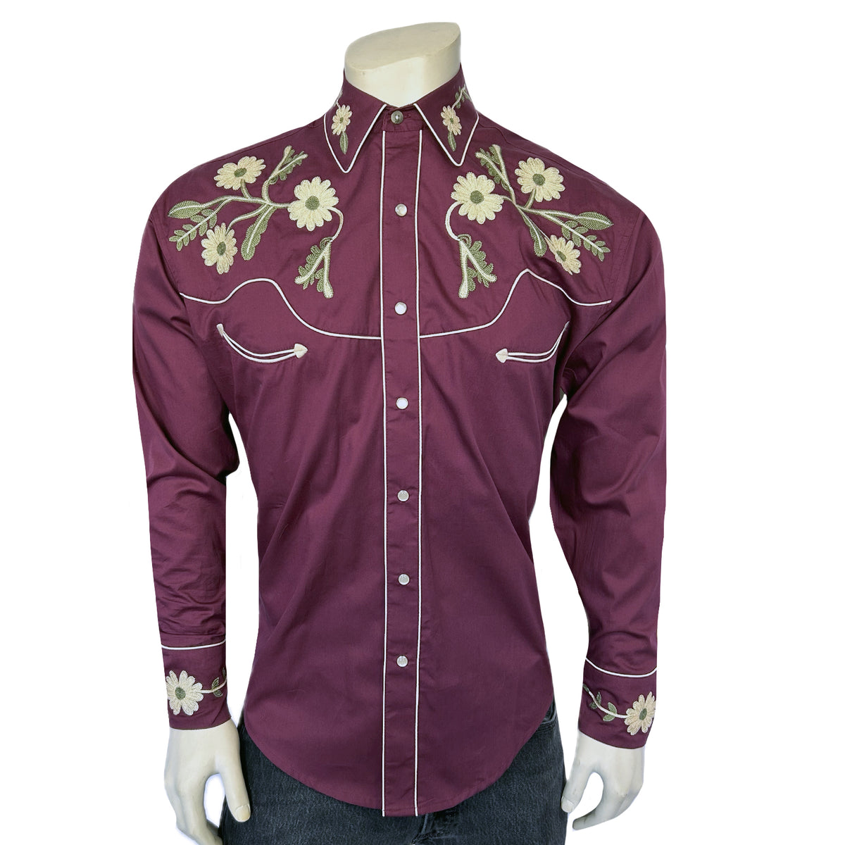 Men's Vintage Burgundy Floral Embroidered Western Shirt by Rockmount Ranch Wear, western shirt with floral embroidery