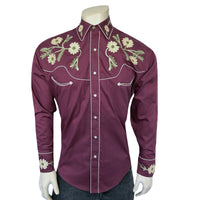 Men's Vintage Burgundy Floral Embroidered Western Shirt by Rockmount Ranch Wear, western shirt with floral embroidery