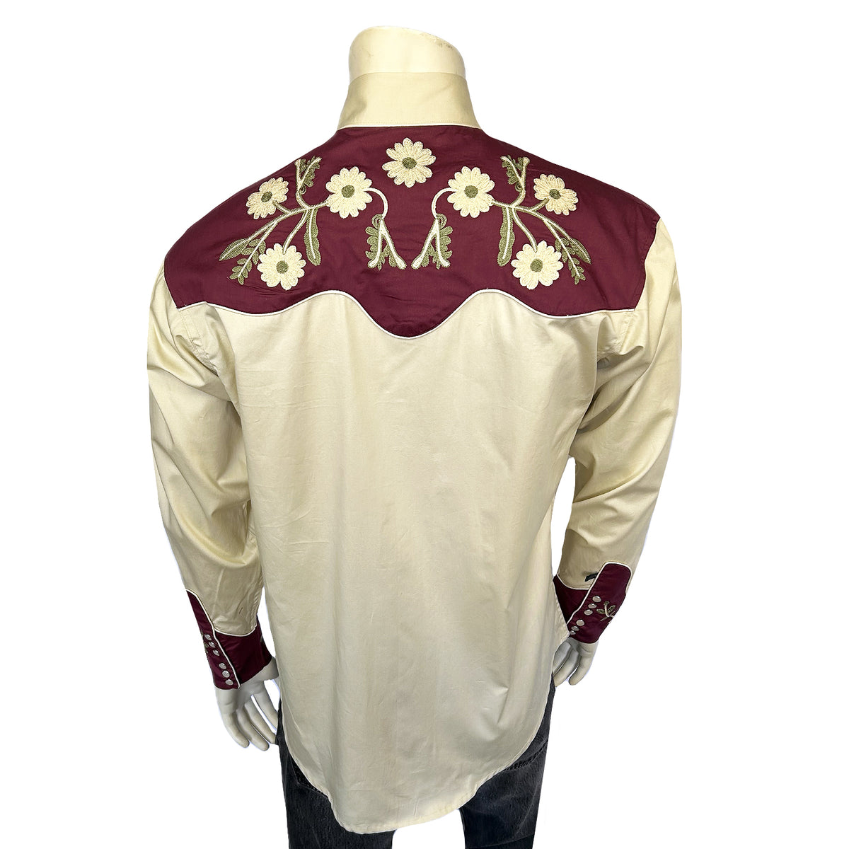 Men's Vintage 2-Tone Floral Embroidered Western Shirt in Tan and Burgundy by Rockmount Ranch Wear