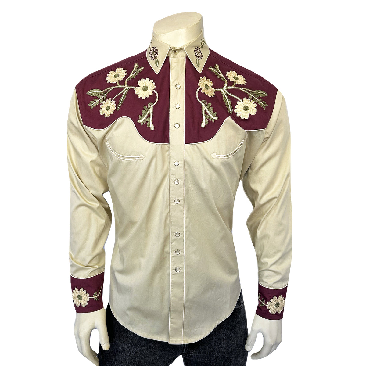 Men's Vintage 2-Tone Floral Embroidered Western Shirt in Tan and Burgundy by Rockmount Ranch Wear, floral western shirt