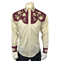 Men's Vintage 2-Tone Floral Embroidered Western Shirt in Tan and Burgundy by Rockmount Ranch Wear, floral western shirt