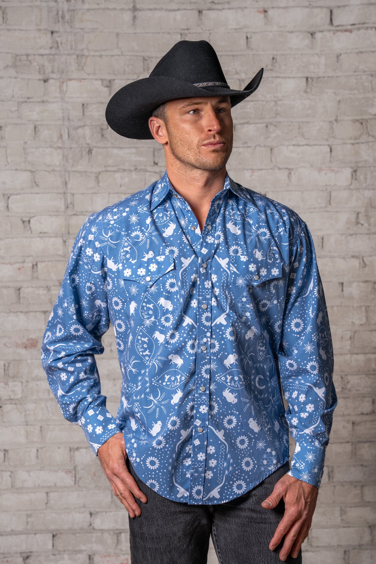 Men's Blue Bison Bandana Print Western Shirt by Rockmount Ranch Wear in vintage floral print with snaps