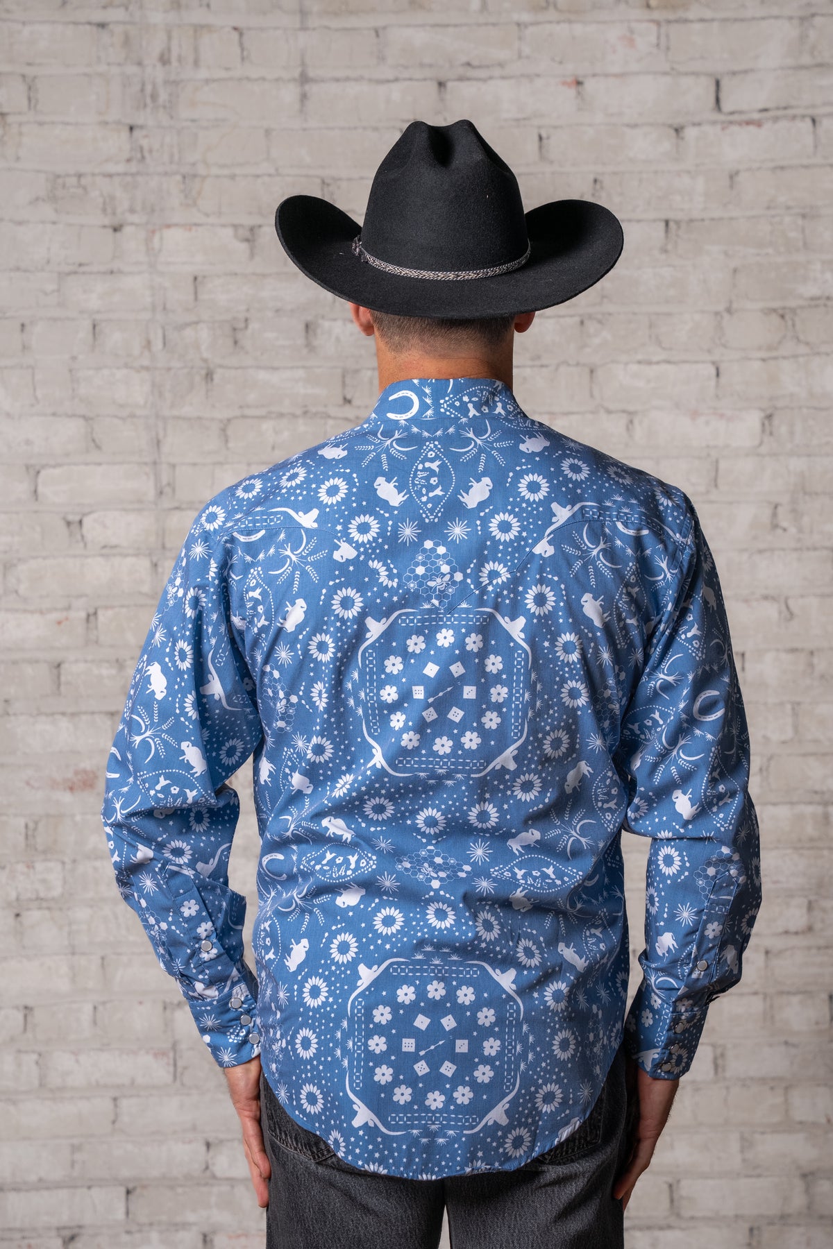 Men's Blue Bison Bandana Print Western Shirt by Rockmount Ranch Wear in vintage blue with snap buttons