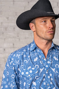 Men's Blue Bison Bandana Print Western Shirt by Rockmount Ranch Wear in vintage blue denim with snap buttons
