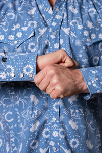 Men's Blue Bison Bandana Print Western Shirt by Rockmount Ranch Wear with vintage floral print and snap buttons