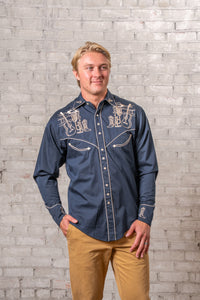 Men's Navy Guitar, Boot and Hat Embroidered Western Shirt by Rockmount Ranch Wear, vintage western wear