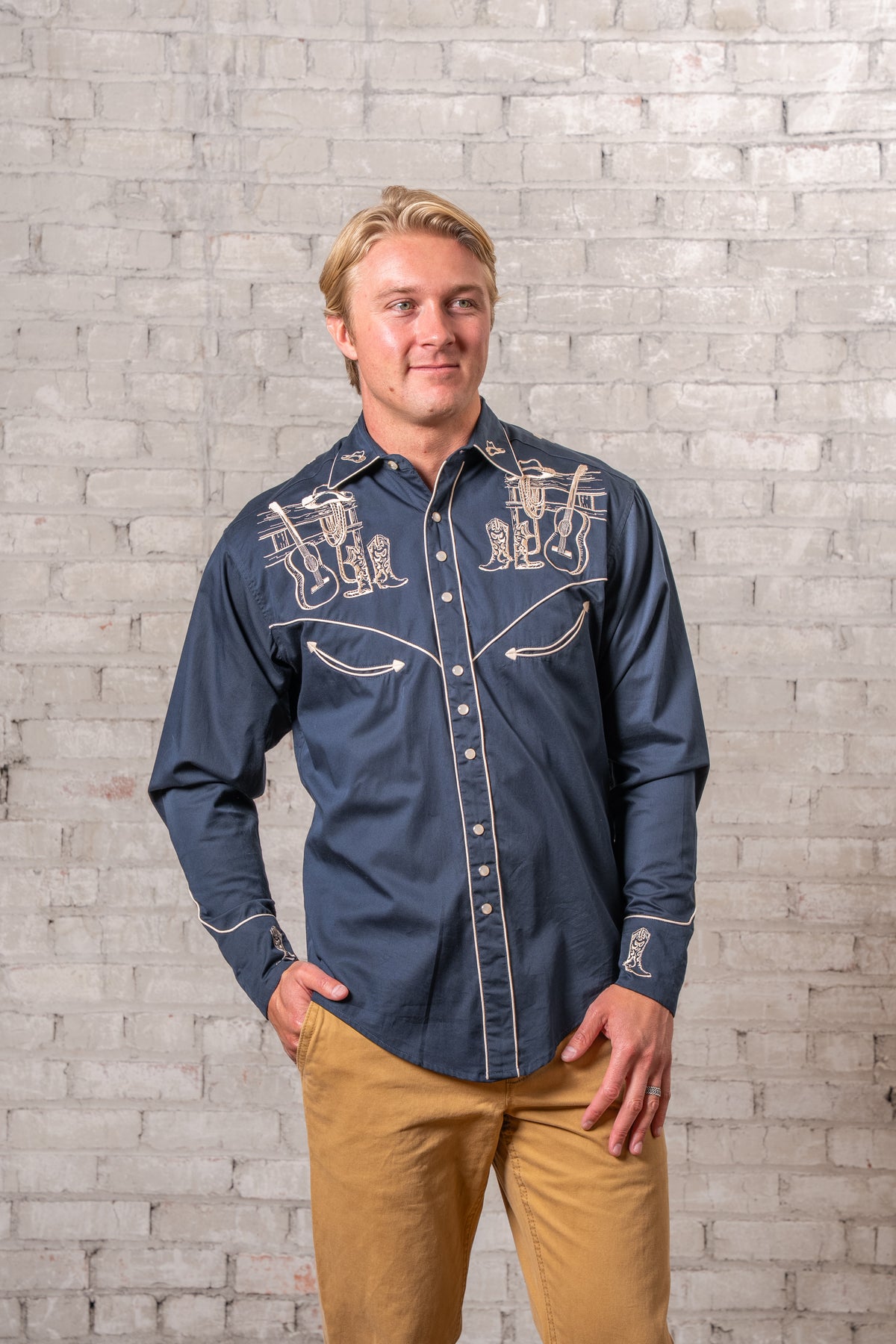 Men's Navy Guitar, Boot and Hat Embroidered Western Shirt by Rockmount Ranch Wear, vintage western wear
