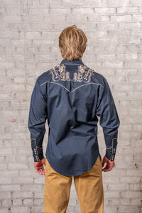 Men's Navy Guitar, Boot and Hat Embroidered Western Shirt by Rockmount Ranch Wear with embroidered western shirt
