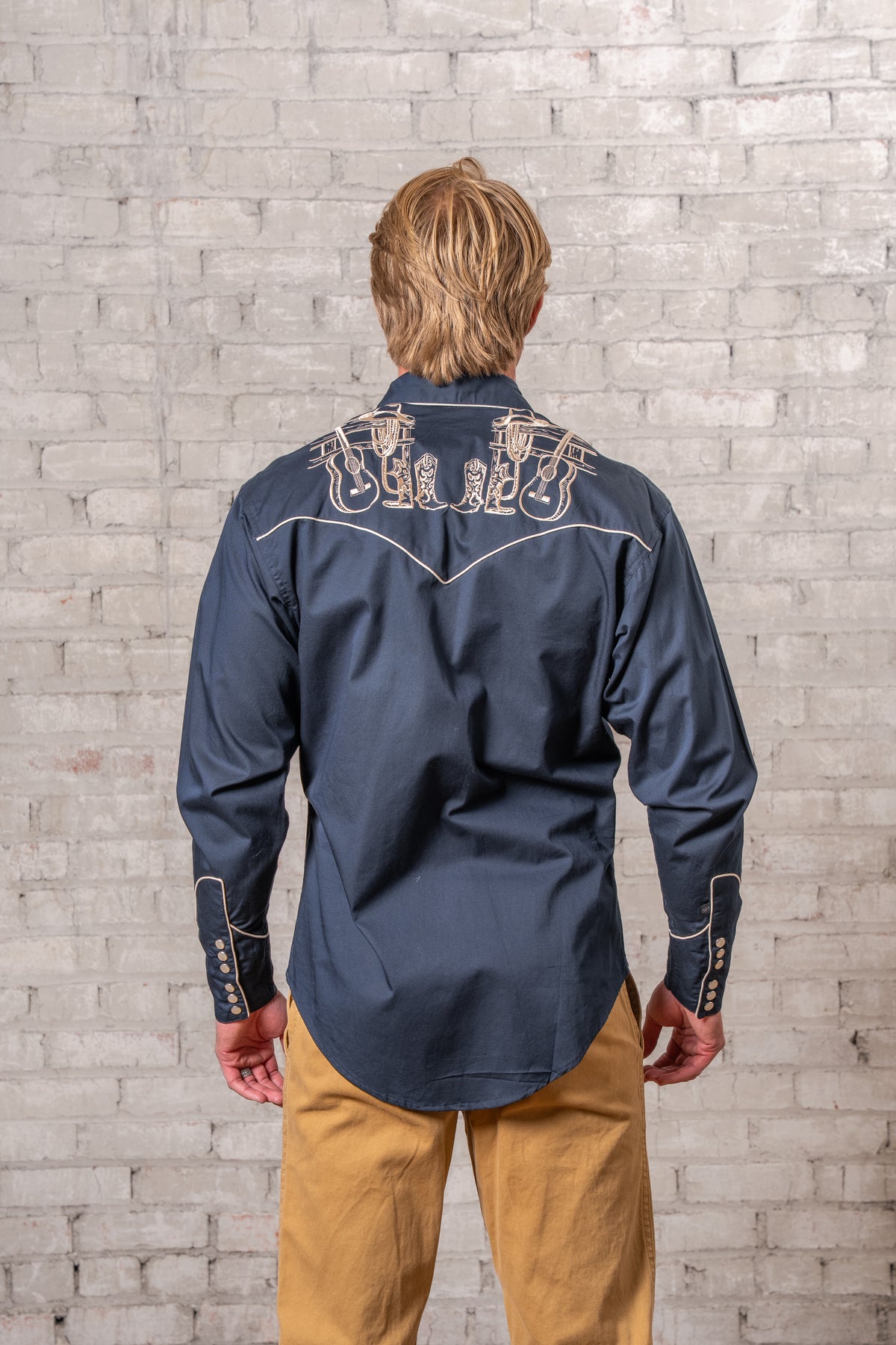 Men's Navy Guitar, Boot and Hat Embroidered Western Shirt by Rockmount Ranch Wear with embroidered western shirt
