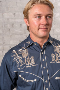 Men's Navy Guitar, Boot and Hat Embroidered Western Shirt by Rockmount Ranch Wear, vintage western shirt with embroidery