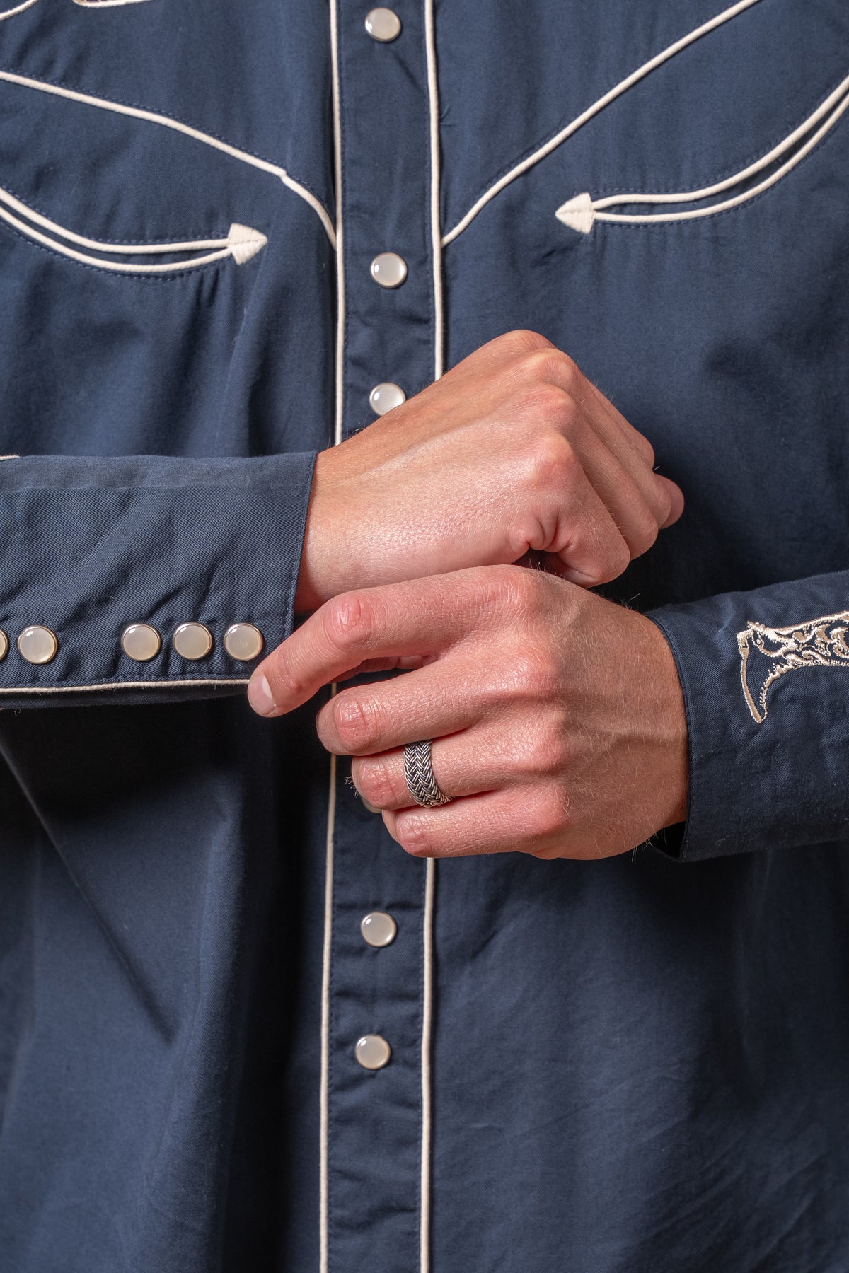 Men's Navy Guitar, Boot and Hat Embroidered Western Shirt by Rockmount Ranch Wear in vintage denim with snaps