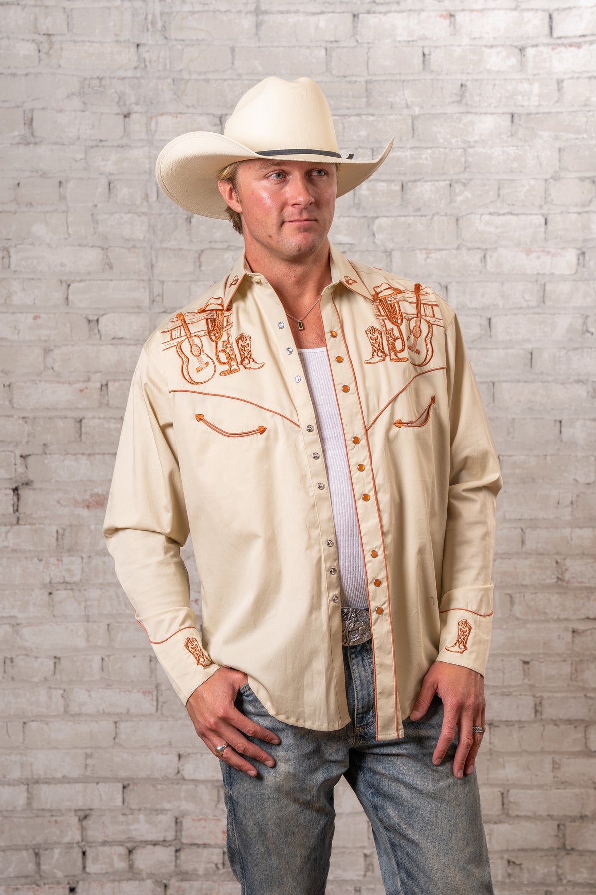 Men's Khaki Guitar Boot and Hat Embroidered Western Shirt by Rockmount Ranch Wear with western embroidered details