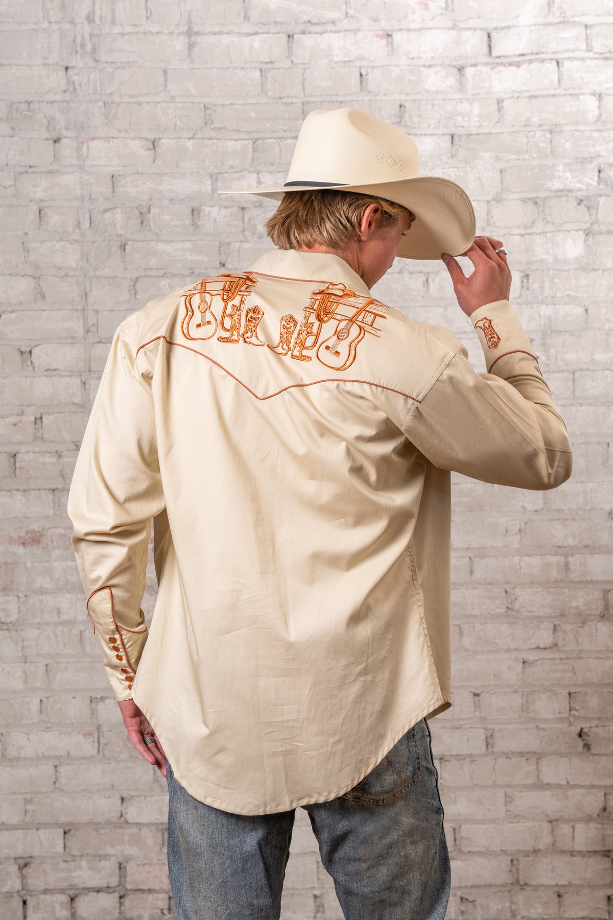 Men's Khaki Guitar, Boot and Hat Embroidered Western Shirt by Rockmount Ranch Wear, vintage embroidered western shirt