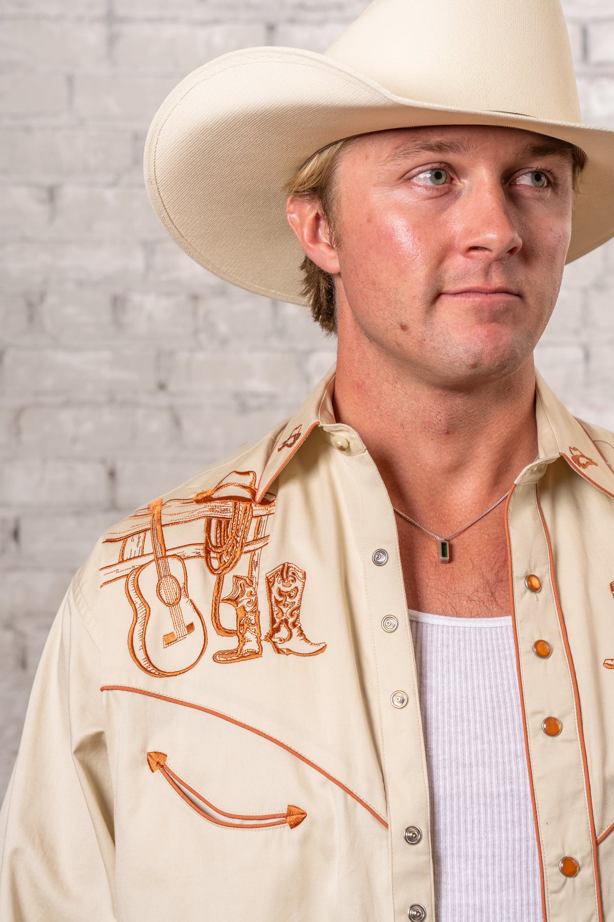 Men's Khaki Guitar, Boot and Hat Embroidered Western Shirt by Rockmount Ranch Wear, vintage fringe western wear