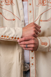 Men's Khaki Guitar, Boot Hat Embroidered Western Shirt by Rockmount Ranch Wear with western embroidered front