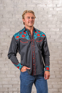 Men's Vintage Red Floral Turquoise Embroidered Western Shirt in Black Rockmount Ranch Wear with embroidered floral details