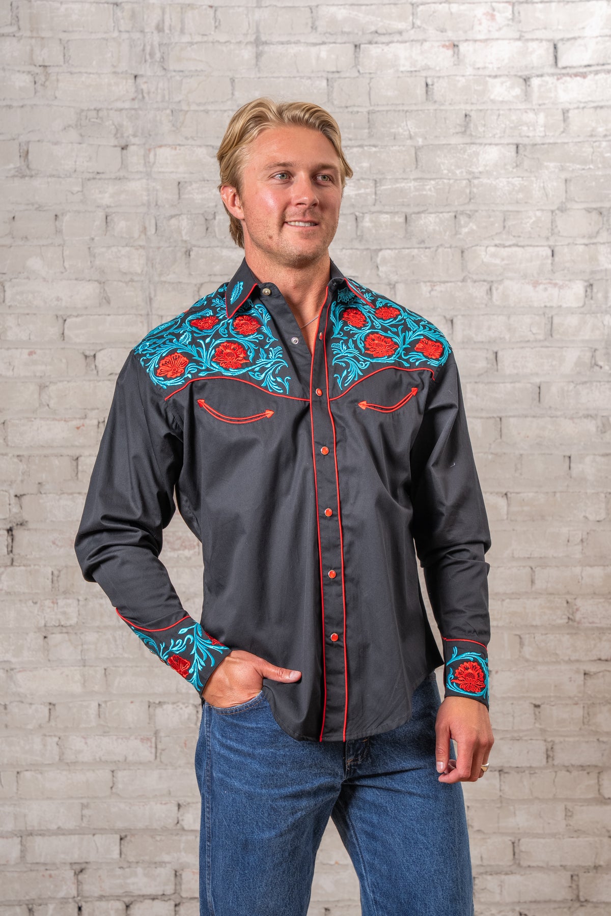 Men's Vintage Red Floral Turquoise Embroidered Western Shirt in Black Rockmount Ranch Wear with embroidered floral details